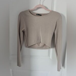 Zara Taupe Ribbed Long Sleeve Crop Top